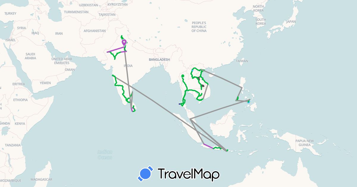 TravelMap itinerary: driving, bus, plane, cycling, train, hiking, boat, motorbike in Indonesia, India, Cambodia, Laos, Sri Lanka, Malaysia, Philippines, Singapore, Thailand, Vietnam (Asia)